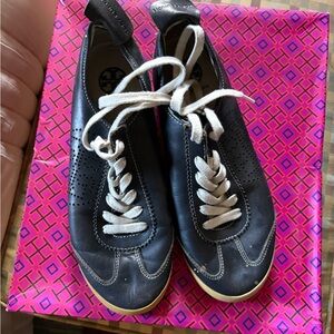 Tory Burch Navy Leather Sneakers with White Laces